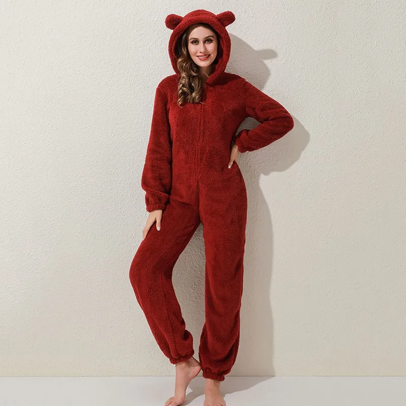 Damespyjamapak van pluizig fleece met capuchon
