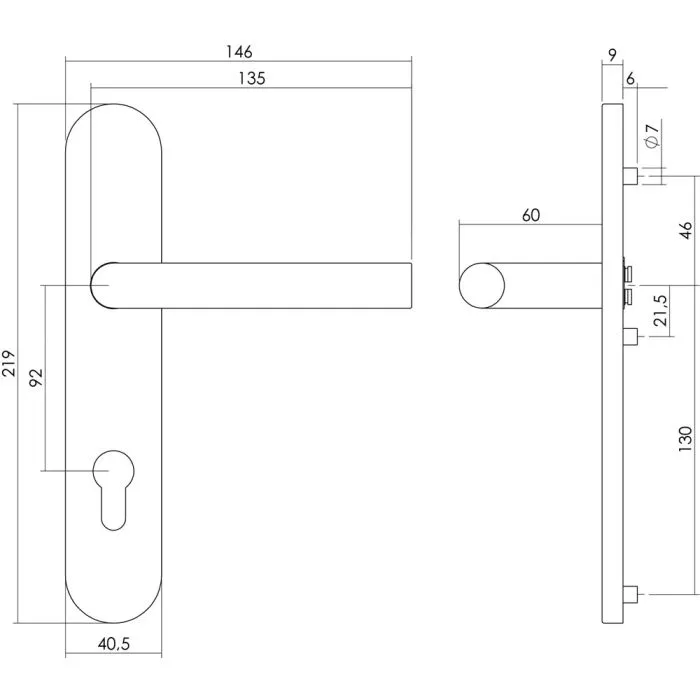 INTERSTEEL Deurkruk 1297 Hoek 90°op verdekt schild profielcilindergat 92mm met nokken 7mm RVS EN1906/4