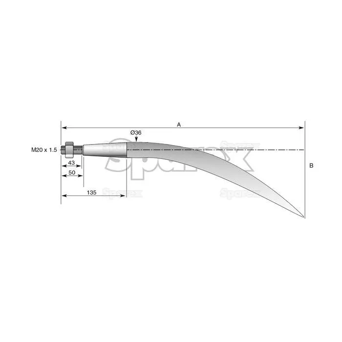 TAND  GEBOGEN 810MM, SCHROEFDRAAD: M20 X 1.50 (VIERKANT)
